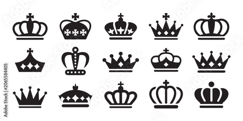 Konstfotografi Set of 15 elegant black royal crowns isolated on transparent background, vector flat style icons