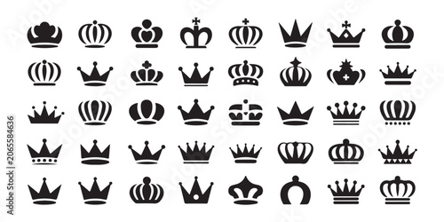 Fényképezés Large set of 40 black royal crowns isolated on transparent background, vector flat style icons