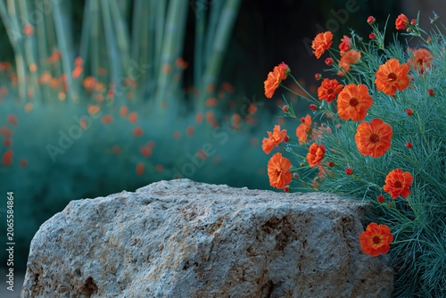 Orange wildflowers clustered near rock in bamboo garden