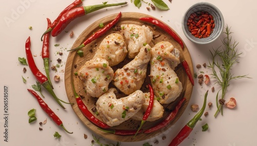 Raw chicken wings surroundi...