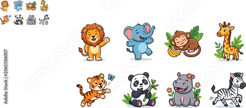 Photography Cute Cartoon Jungle Animals Character Set with Happy Wild Safari Wildlife Vector