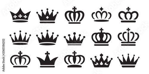 Fotografie Set of 15 black crown icons on transparent background suitable for web design or logo