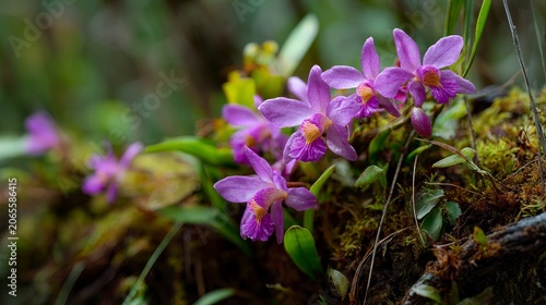 Pink orchids with yellow centers bloom among moss and foliage, showcasing delicate petals and lush forest backdrop