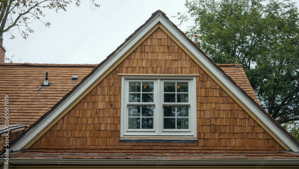 Obraz premium Dutch attic roof design on single family home with tan shingle gable and double hung white window frames