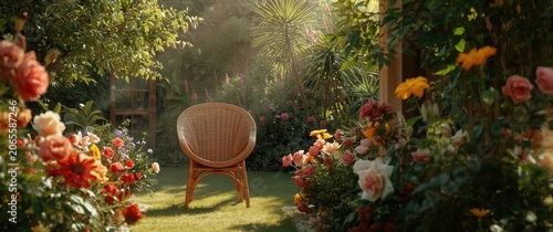 Stylish wicker chair framed by radiant flower clusters in a peaceful garden enclave promoting serenity