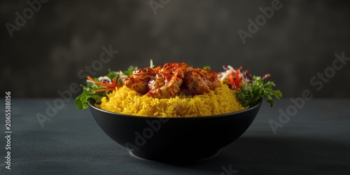 Bowl of yellow rice topped ...