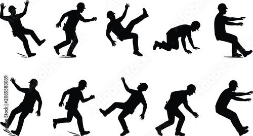 Schilderij op canvas Set of black silhouettes representing construction workers slipping, falling, an