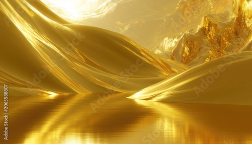 Glistening golden landscape with flowing hills and reflective water
