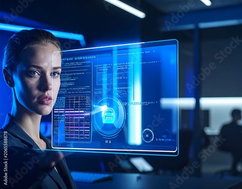 Focused Young Woman Using Futuristic Touchscreen Interface in Dark High Tech Office
