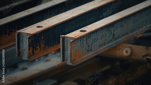 Steel beams assembled with bolts and primer coating prior to welding