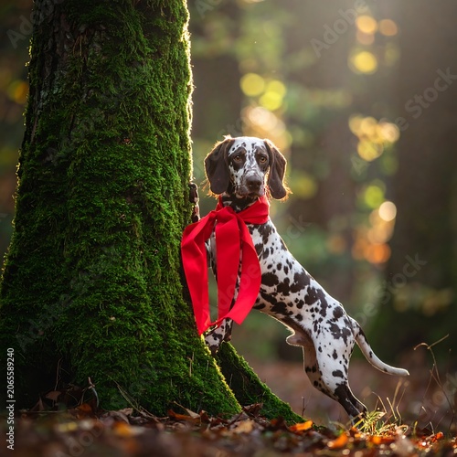 Spotted Dalmatian Puppy Standing by Mossy Tree in Sunlit Forest