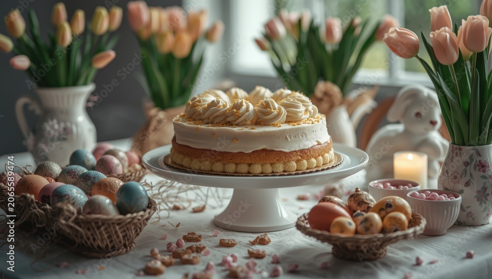 Fototapeta premium Springtime Easter display of a sweet cake and colorful eggs on table