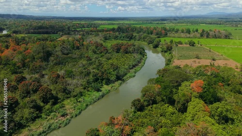 Aerial View of Tropical River Flowing Through Lush Farmland