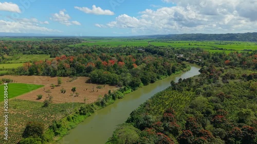 Aerial View of a Meandering River Through Tropical Forest and Farmland
