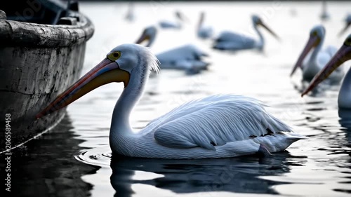 Majestic White Pelican Floating on Calm Water Near a Wooden Boat, Ideal for Nature Documentaries and Wildlife Conservation Projects.
