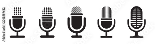 Vintage studio microphone icons for podcasting radio broadcasting and vocal recording vector art.
