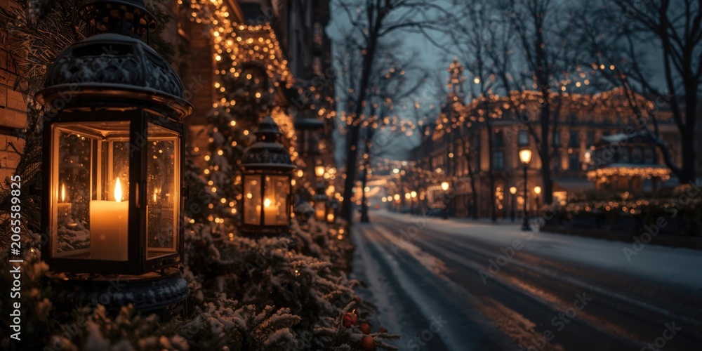 Naklejka premium Winter Christmas season illuminated by vintage lanterns casting warm glows on snowy streets