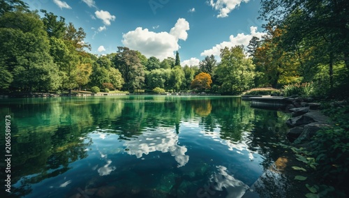 Lush park pond with clear w...