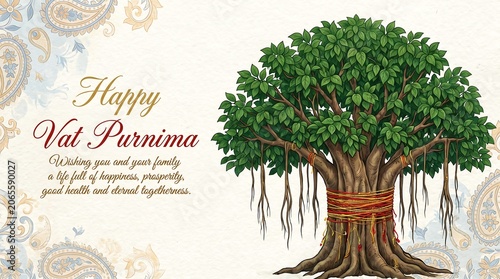 Happy Vat Purnima Vrat Greeting Card with Sacred Banyan Tree Illustration