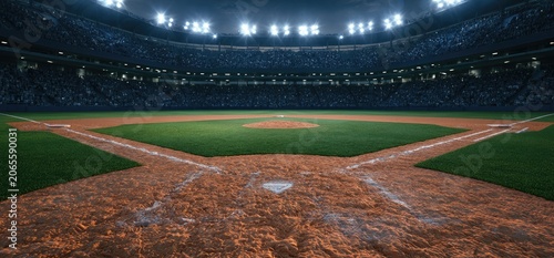 Baseball stadium at night, illuminated by floodlights, with an empty field