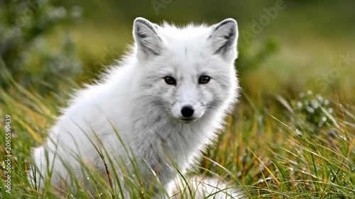 Majestic White Fox in Green Grass Field ideal for nature documentaries.