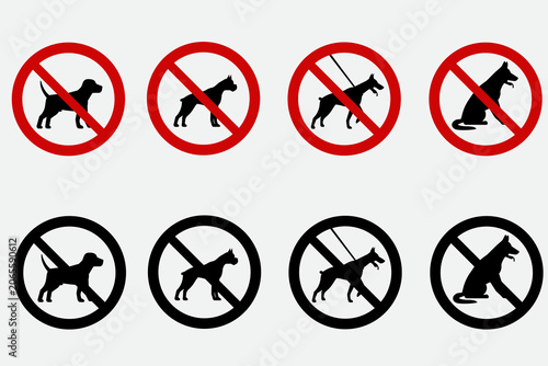 No pets allowed icon set. No pets allowed warning sign, logo, label, badge, sticker, symbol, red circle, stamp, black, line, flat vector, isolated illustration. No cat and dog prohibited signs