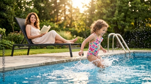 Happy mother reading a paperback book on a lounge chair as her daughter runs and splashes in the pool.