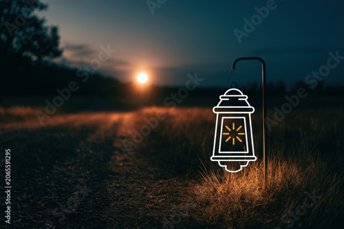 A dark landscape illuminated by a bright lantern at twilight, creating a serene and atmospheric scene