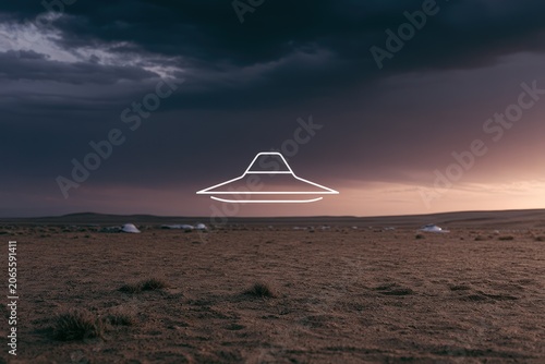 A surreal desert landscape under dramatic twilight skies, featuring a stylized flying saucer hovering above the barren terrain