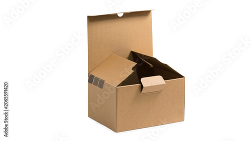 Open brown kraft paper box isolated on white background. Empty cardboard parcel package for shipping, logistics, and e-commerce delivery concept.