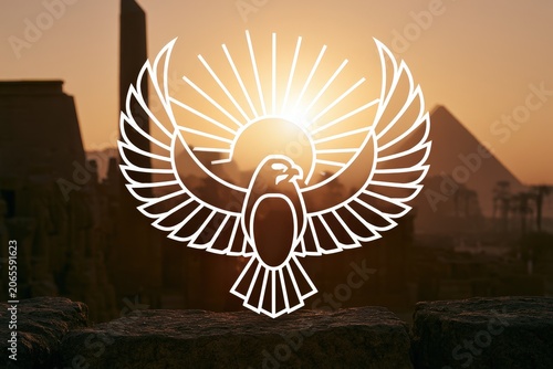 A stunning sunrise over ancient monuments in a golden desert, with a radiant sun illuminating the landscape
