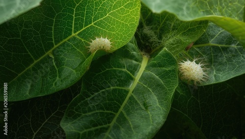 Silkworms engaged in cocoon...