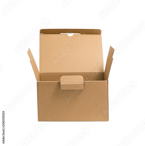 Open brown kraft paper box isolated on white background. Empty cardboard parcel package for shipping, logistics, and e-commerce delivery concept.