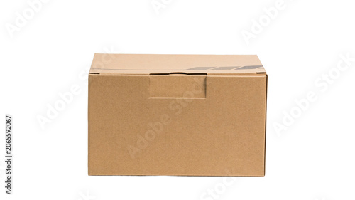 One brown kraft paper box isolated on white background. Empty cardboard parcel package for shipping, logistics, and e-commerce delivery concept.