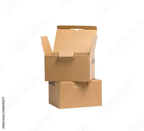 Open brown kraft paper box isolated on white background. Empty cardboard parcel package for shipping, logistics, and e-commerce delivery concept.