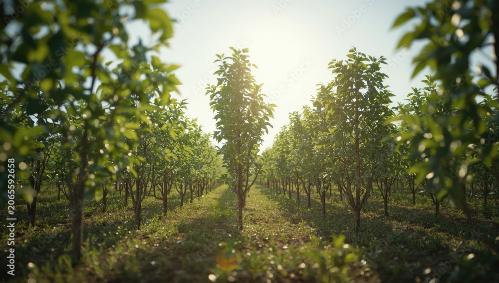 Fototapeta premium Rows of young trees in an orchard at sunrise