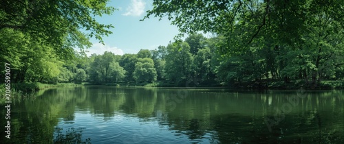 Lush green trees reflecting...