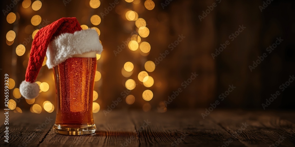 Fototapeta premium Holiday ale beer glass decorated with Santa hat and glowing bokeh garlands on rustic wood background with copy space