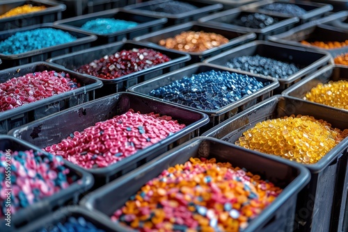 Close-up of recycled plastic pellets used for sustainable brick production