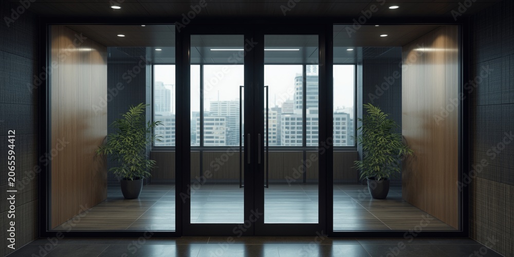 Fototapeta premium Modern entrance with glass doors and potted plants