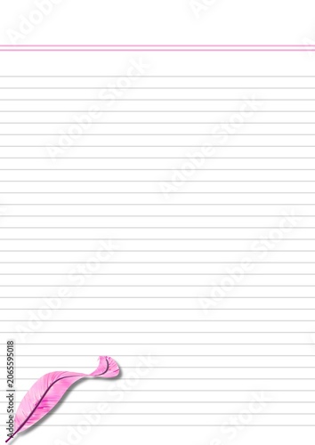 Decorative pink printable notebook page with feather, lined page printable 