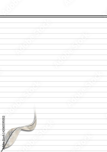 Printable lined notebook page with feather on corner, printable stationary 
