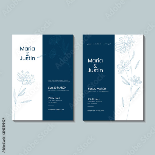 **Blue Botanical Watercolor Wedding Invitation Card Design, Elegant Floral Line Art Wedding Template, Luxury Blue Flower Wedding Stationery, Romantic Botanical Wedding Invite, Modern Floral card