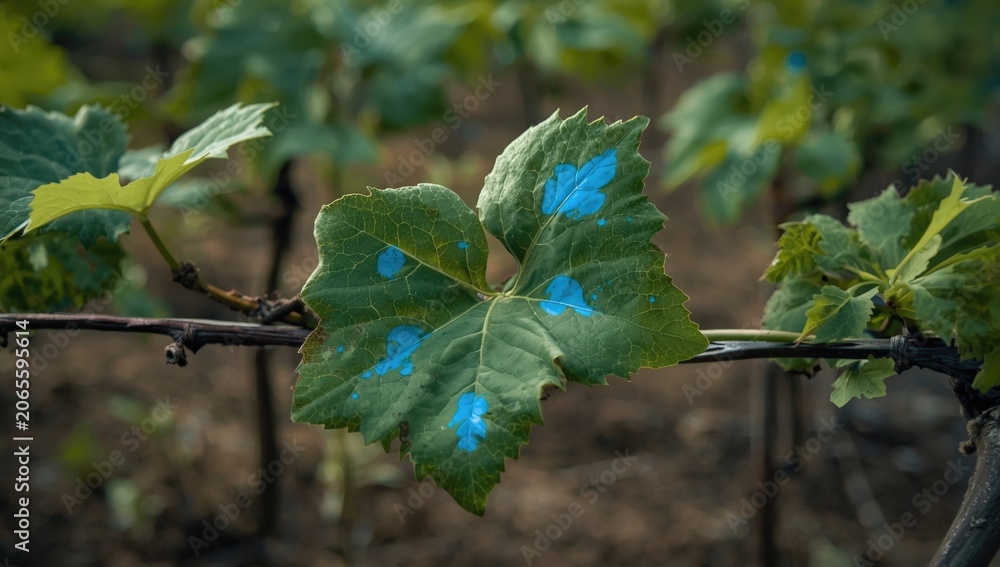 Fototapeta premium Vineyard leaf with blue markings on a sunny day
