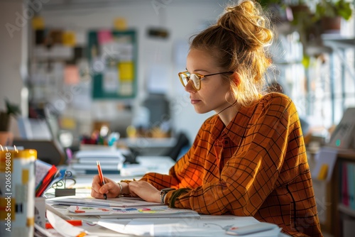 Designer sketching eco friendly packaging concepts in a bright studio