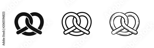 Foto Three variations of a pretzel icon: solid, outline, and hand-drawn sketch, perfect for bakery, snack, or German culture themes