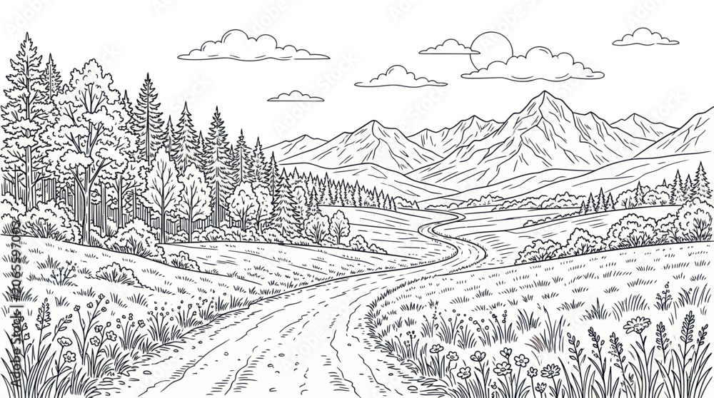 Fototapeta premium Scenic mountain landscape with winding road and forest line art