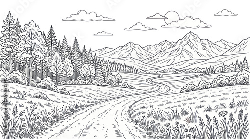 Scenic mountain landscape with winding road and forest line art