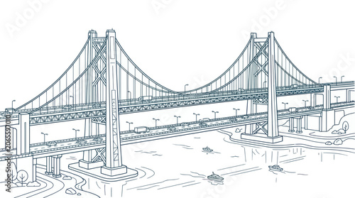 Cuadro en lienzo Double decker suspension bridge with traffic over water