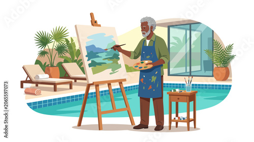 Schilderij op canvas Elderly artist painting on canvas beside a backyard swimming pool